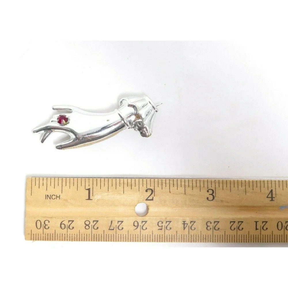 Vintage ART DECO Silver Plated HAND Brooch Figural Rhinestone Accent C-clasp PIN